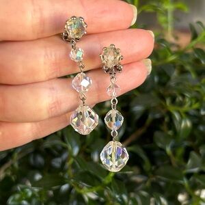 Vintage AB Crystal Clip on Dangle Earrings